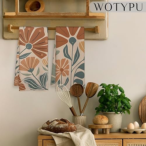 Miniatura 4 de Groovy - Juego de 2 toallas de cocina vintage bohemias, florales naranjas y verdes, estilo retro de los años 70, diseño botánico botánico de