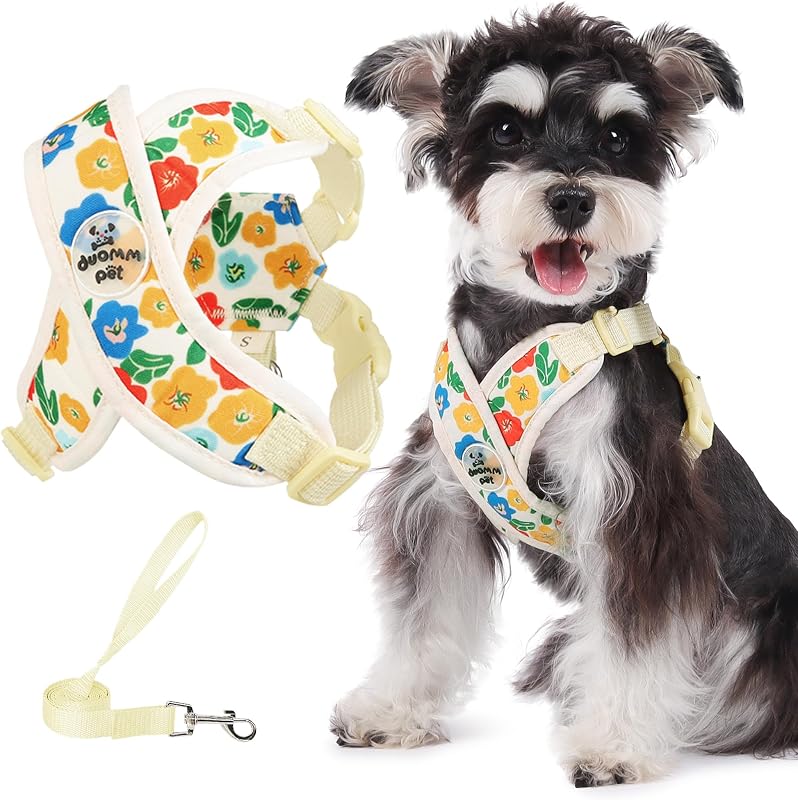 Peitoral para Cães e Gatos com Guia, Estampa Floral Amarela Patas Lague (Tamanho M)