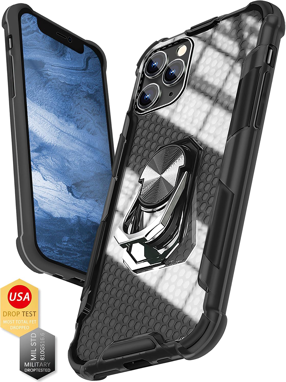 ZTASEMI iPhone 11 Pro Max Case Fingerprint | Kickstand | Anti-Scratch | Microfiber Liner, 5X Military Armor-Level Shockproof [Three Stand Ways] Protective Slim Phone Case with Metal Kickstand-Black