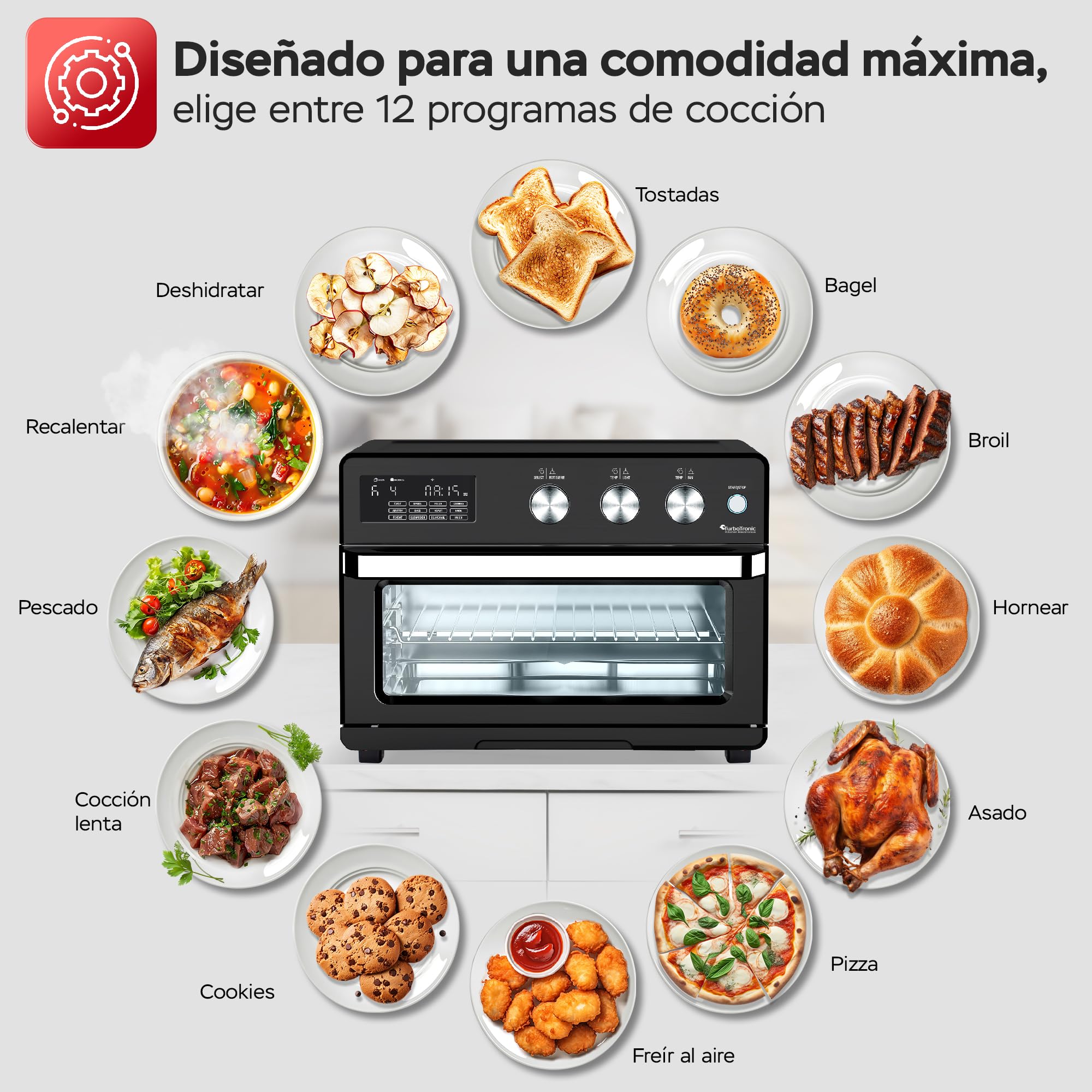 TurboTronic Horno de Aire Caliente XXL 32L con Spiedo Giratorio, 5 en 1: Horno, Deshidratador, Freidora sin Aceite, desde 25°C, Potencia 1700W