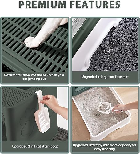 Miniatura 36 de Caja de arena para gatos con alfombrilla de arena y cuchara, plegable grande con tapa, de entrada frontal para gatos con salida superior, control