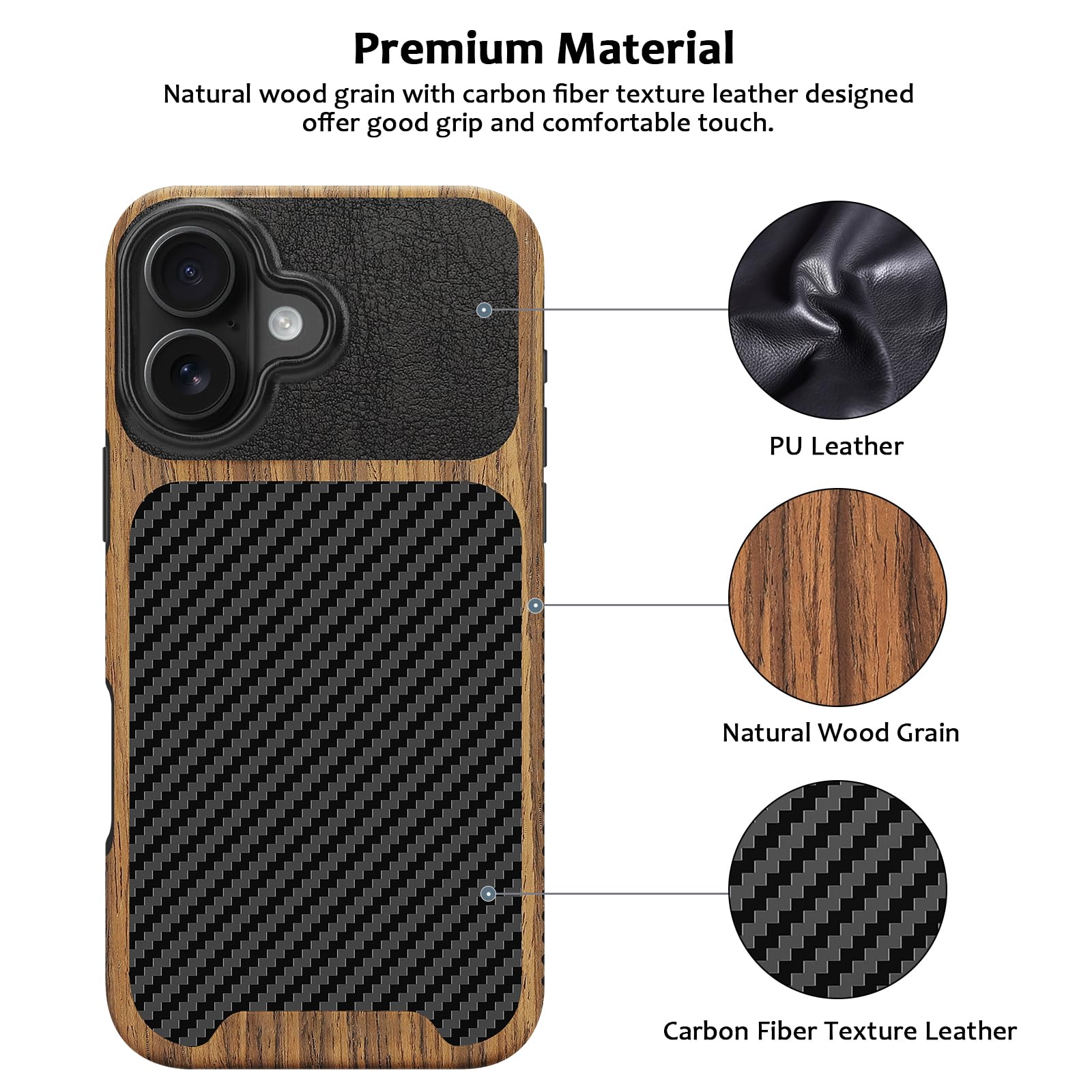 Cover Magnetica per iPhone 16 Compatibile con Magnetica, Custodia in Legno con Carbonio e Pelle Design Protezione Antiurto Cover Compatibile con iPhone 16 (Nero)