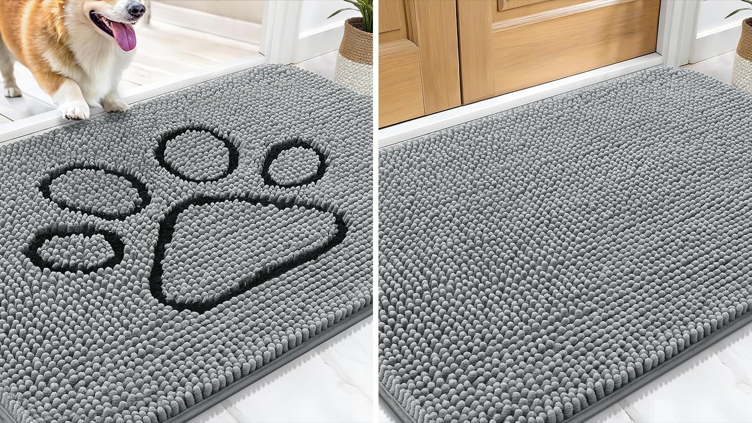 OLANLY Solid Color Chenille Dog Door Mat and Paw Print Dog Doormat, Solid Color Mat Size 30x20 in Grey，Paw Print mat Size 30x20 in Grey, 2 Item Bundle