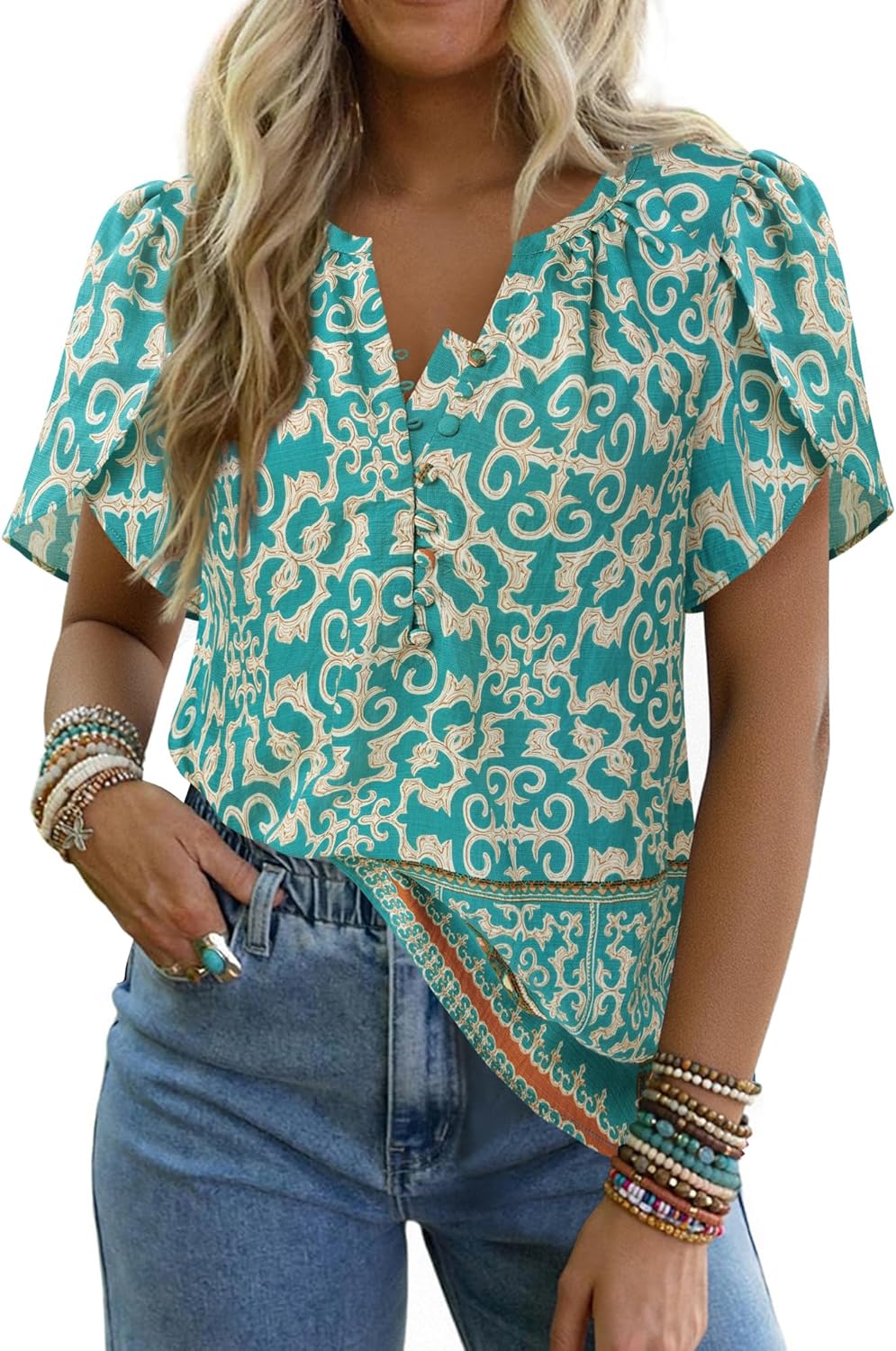 Timeson Womens Summer Tops Boho Short Sleeve Business Casual Blouses Button Down Floral Shirts Fashion Beach Vacation Clothes - Image 5