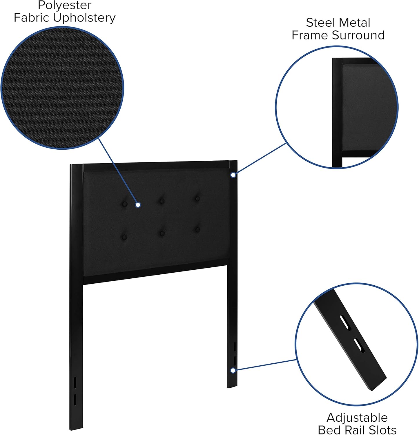 EMMA + OLIVER Twin Size Upholstered Metal Panel Headboard in Tufted Black Fabric