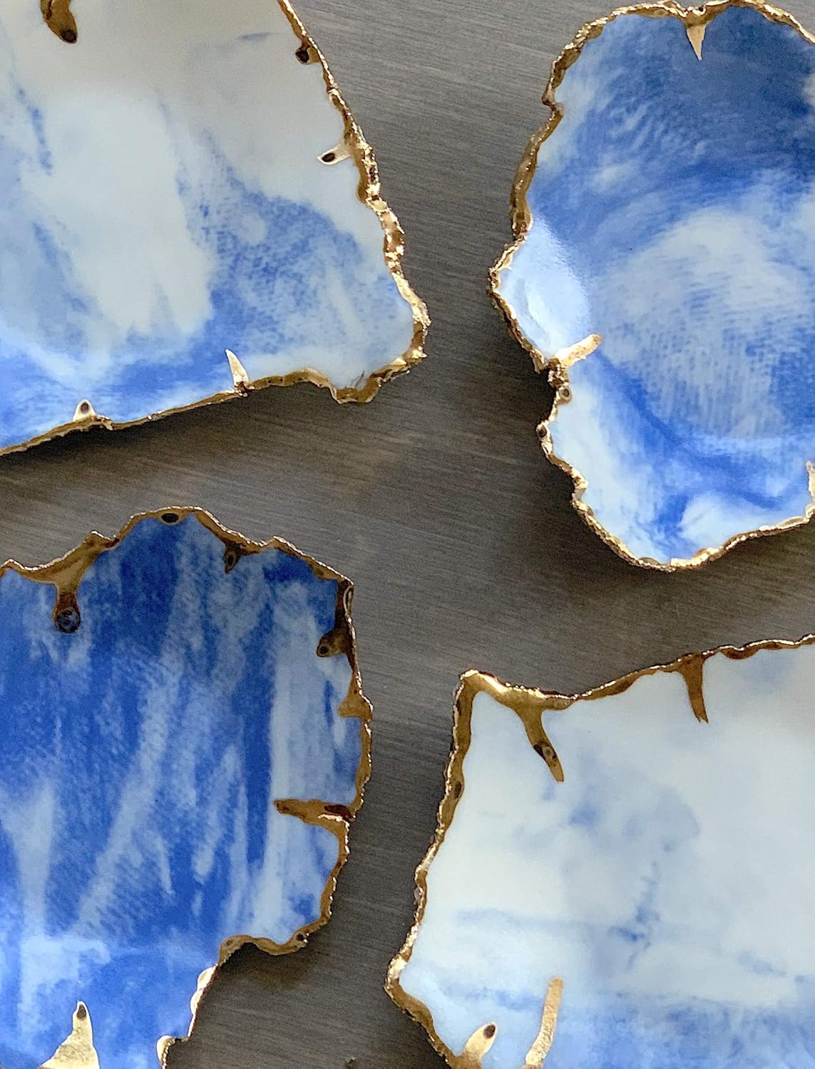 White Blue and Gold Marbled Ceramic Ring Dish, Handmade Jewelry Dishes, Unique Gift for Her or Him -Stock Photo, Please Read Description