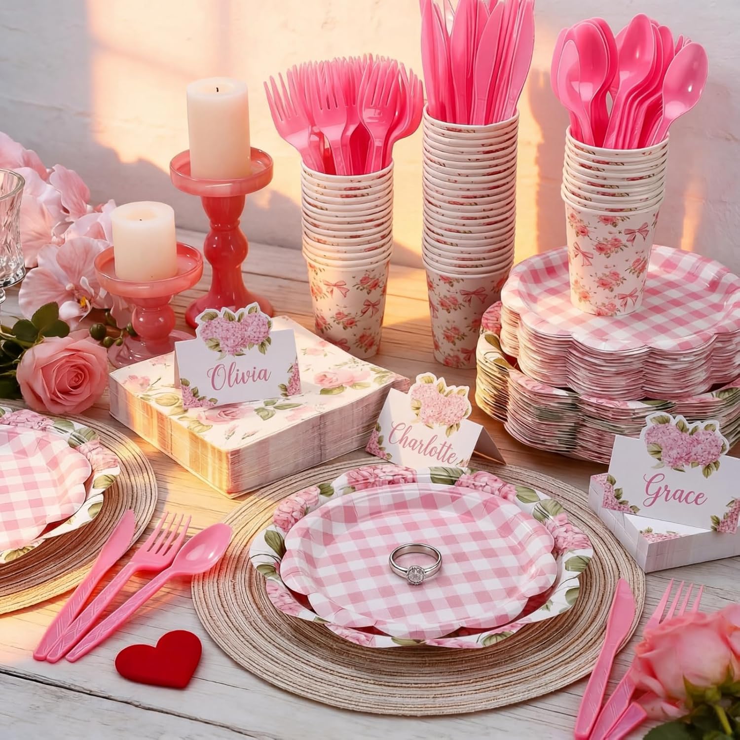 Shellwei 410 Pcs Pink Hydrangea Tea Party Decorations Elegant Floral Paper Plates and Napkins Set Disposable Party Tableware Sets with Cups Knives Forks Spoons Seat Card Favors for 50 Guests
