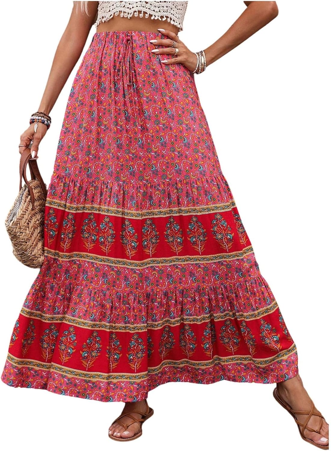 Verdusa Women's Boho Skirt Flowy Flared Ruffle Summer Long Maxi Skirts Going Out Outfits
