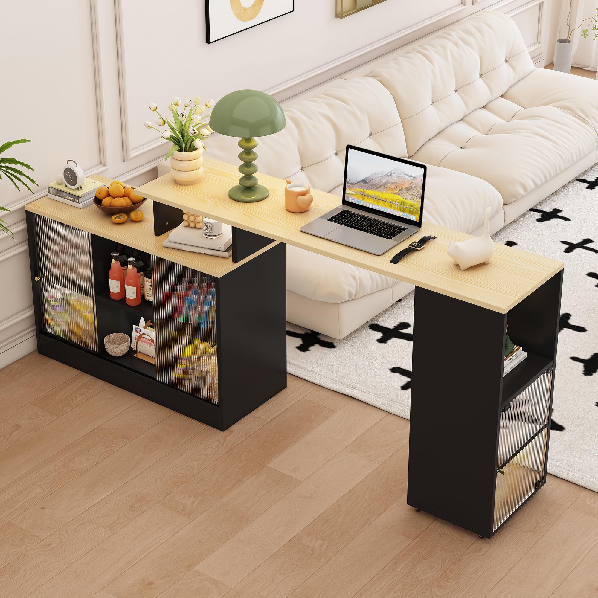 Tavolo da bar allungabile con vano portaoggetti, moderno tavolino girevole da bistrò, funzione credenza, ampio spazio di archiviazione, salvaspazio flessibile per soggiorno, sala da pranzo, cucina