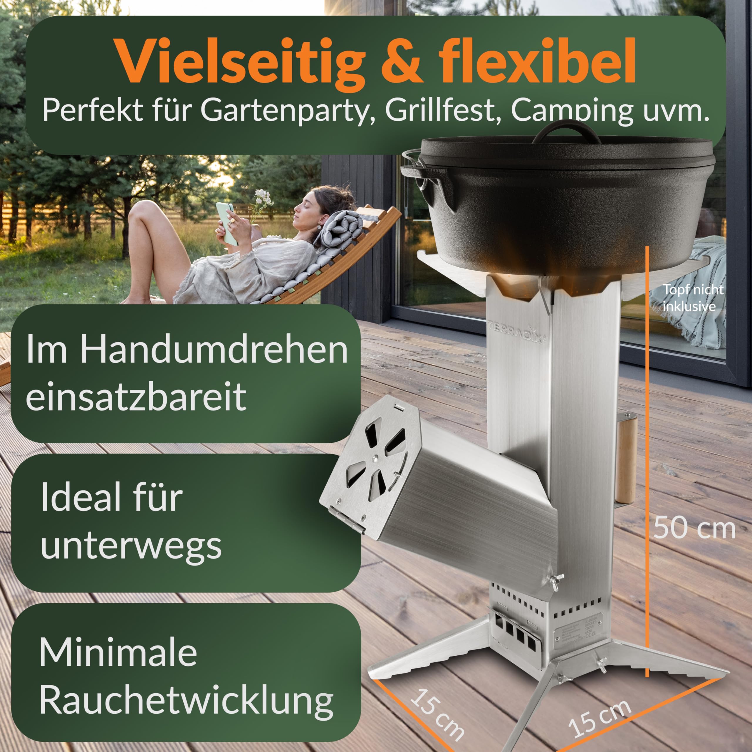 Raketenofen Campinggrill Edelstahl - kochen, braten, grillen - komplett zerlegbar mit Tragetasche- mit Holz oder Kohle befeuerbar