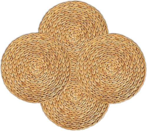 Miniatura 9 de Paquete de 6 manteles individuales tejidos, juego de manteles individuales de tejido de jacinto de agua natural, manteles individuales redondos