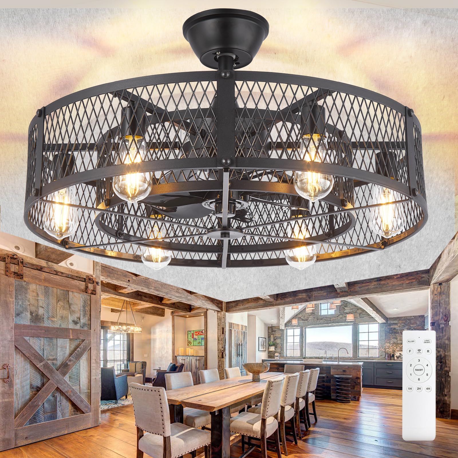 Photo 1 of **MISSING HARDWARE AND REMOTE** DLLT Caged Ceiling Fan with Lights: 26" Bladeless Fandelier Ceiling Fans with Light and Remote - Black Industrial Chandelier Enclosed Fan Light for Bedroon Living Dining Room Kitchen
