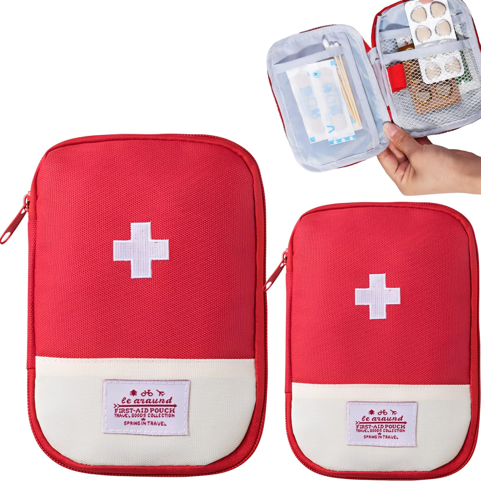 2 Pcs Red First Aid Pouch Set, Large Small Size Empty First Aid Kit, 600D Oxford Cloth Medical Storage Bag, Portable Travel Emergency Organizer, Home Car Camping Medicine Bag-picture-22