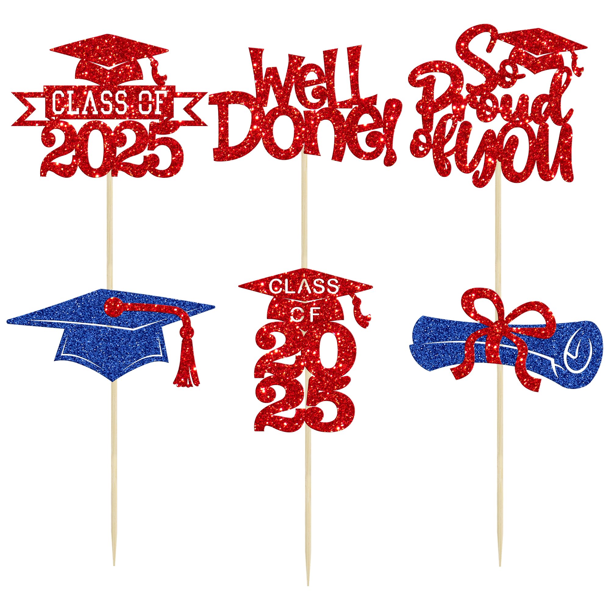 Gyufise 24Pcs Congrats Grad 2026 Cupcake Toppers Glitter 2026 Graduation Done Diploma Cupcake Picks Class of 2026 Cupcake Decorations for 2026 Graduation Theme Party Supplies Red Blue - Image 3