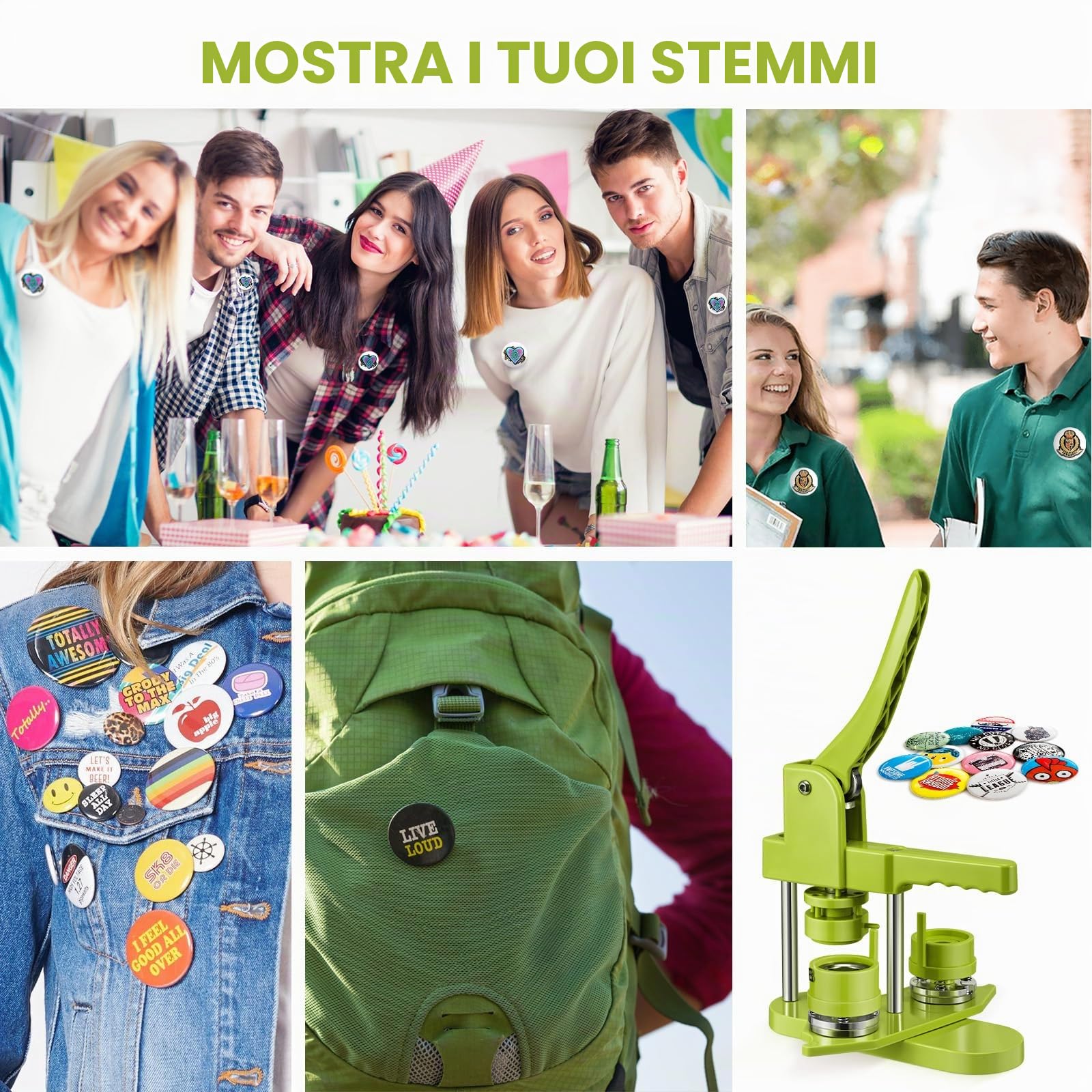Macchina per badge Button Maker 25 + 32 + 58 mm, 300 set di spilli in metallo, con stampe, rondella in plastica e taglierina per carta rotonda (verde)