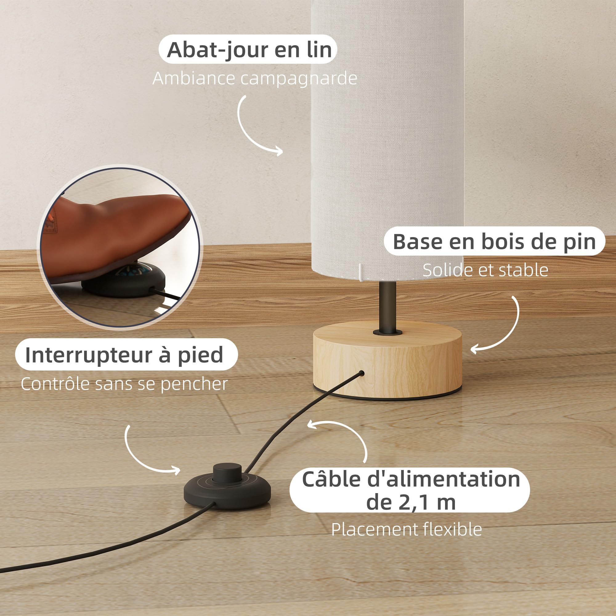 HOMCOM Lampadaire lampe sur pied de salon abat-jour en lin contemporain avec interrupteur à pied, 2 x douille E27, lampadaire salon, chambre à coucher, bureau, 120 cm, beige