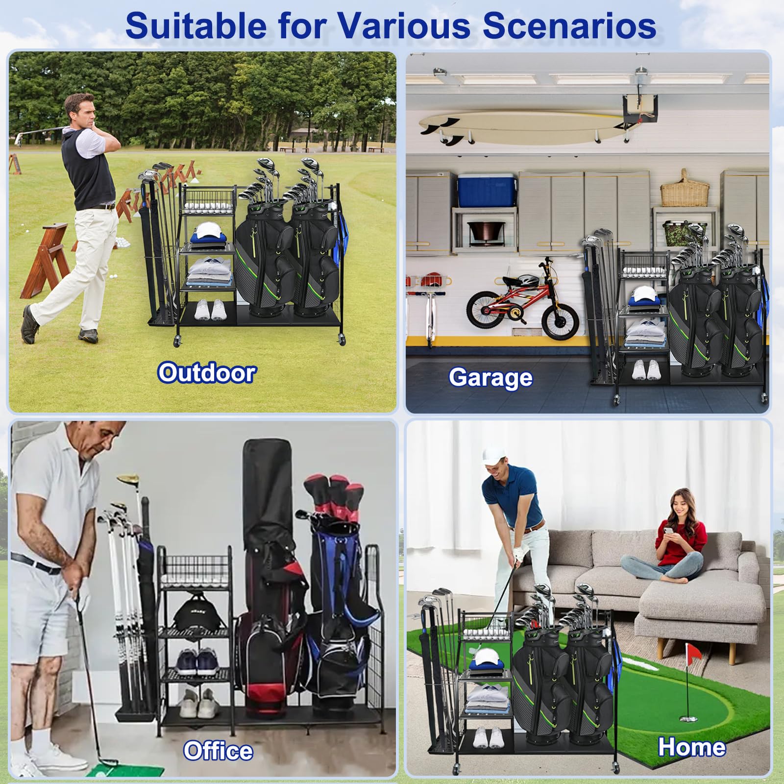 Support de rangement pour sacs de golf, organiseur de rangement avec roues verrouillables, support de rangement pour sacs de golf, clubs de golf et accessoires d'équipement de golf, pour garage