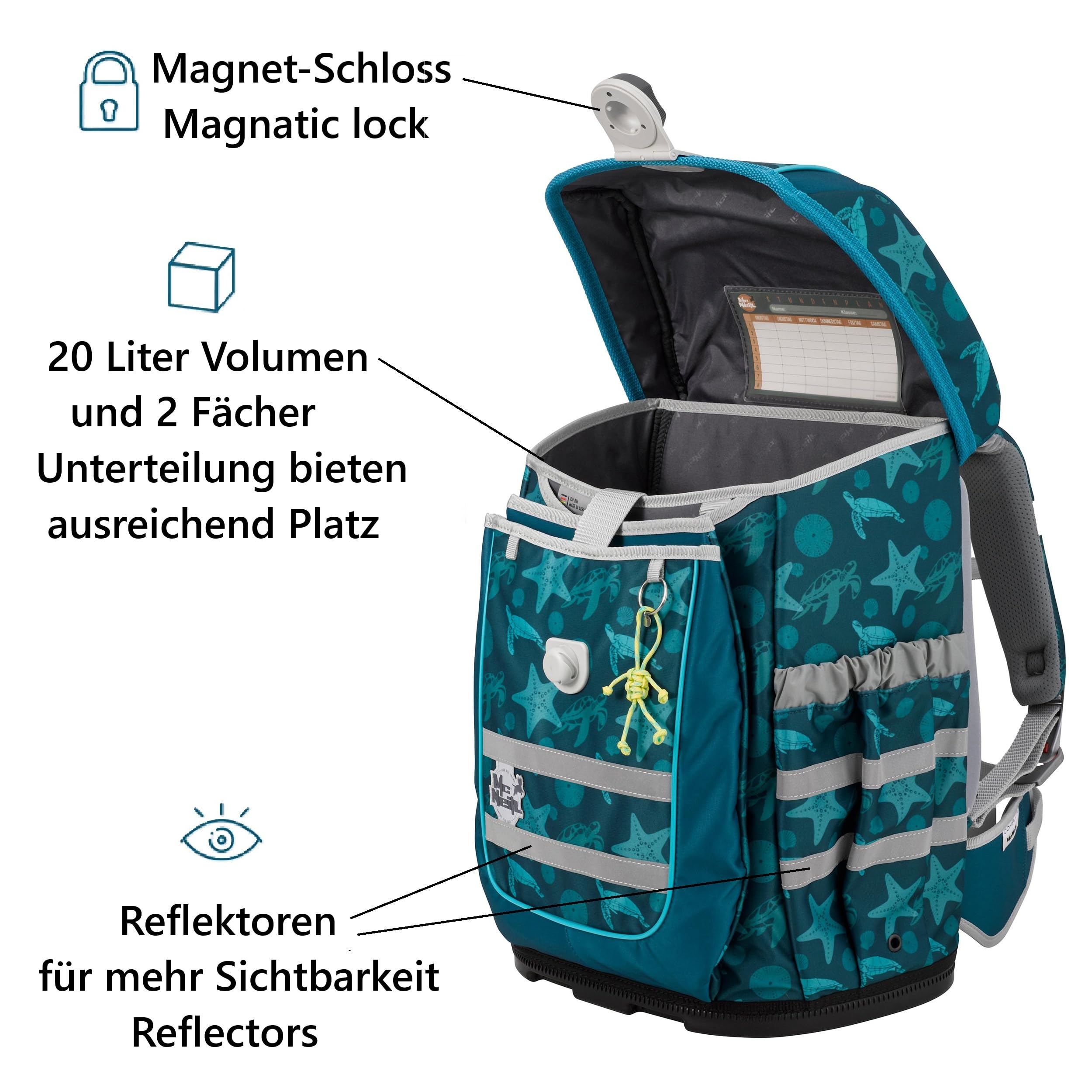 Familando - McNeill Ergo Complete Schulranzen Set - 6-teilig mit Federmappe - Orca Wal - Ergonomisch & 3-Fach verstellbar - 1150g leicht mit 20L Volumen & Reflektoren - aus recyceltem Ocean Plastic