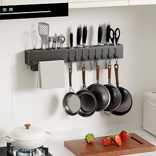 NET MEYA Stainless Steel Pot and Pan Hanger,Wall Mounted Pot Rack Kitchen Hanging Rail With S Hooks,Detachable Pans Hanging Rail Kitchen Lids Utensils Hanger,19.7 InchWall Mounted Hanging Pot Rack