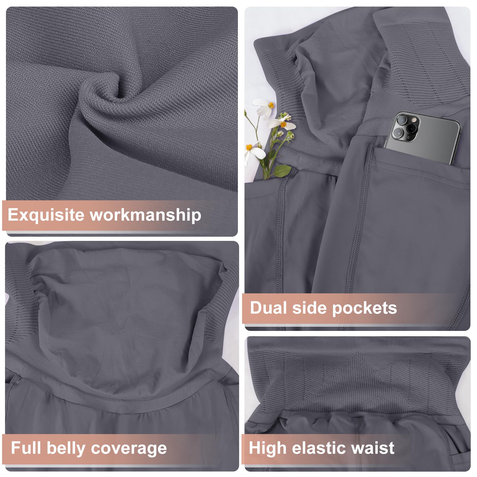 Maternidad Pantalones Cortos,Leggings Premamá Cortos Embarazo con Bolsillos,Ropa Premamá Verano Mujer,Premamá Leggins Pantalones Cortos sobre el Vientre,Cintura Alta Gris