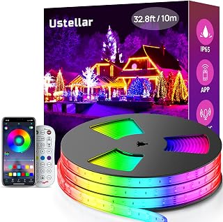 USTELLAR 32.8ft Outdoor LED Strip Lights Waterproof IP65, 320 LEDs Rope Light 360lm Plug-in Color Changing Smart App/RF Control Light Brightness Dimmable Music Sync 24V for Balcony, Deck, Roof, Pool