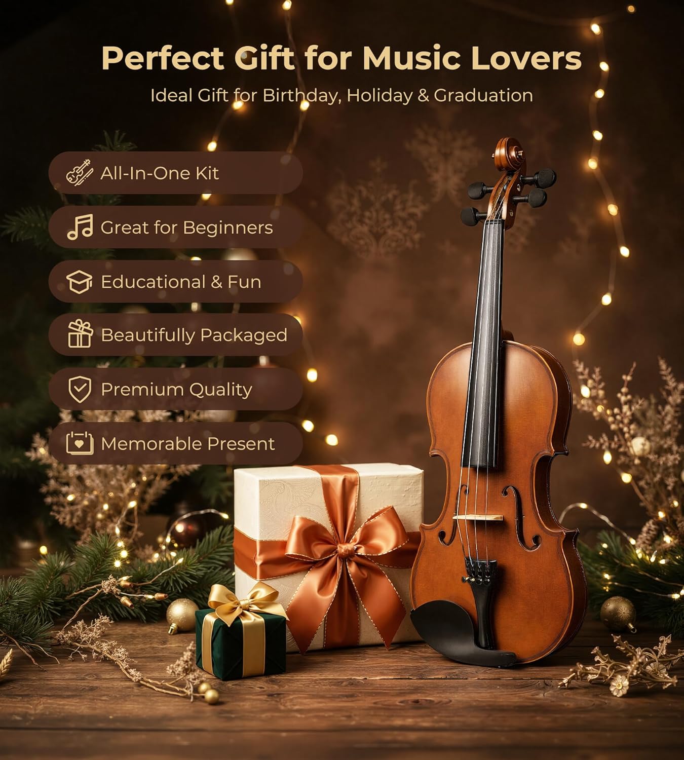 Vangoa 1/4 Kids Violin Set for Beginner Children Student Quarter Size Acoustic Violin Starter Kit with Case, Rosin, Bow, Strings, Mute, Fingerboard Stickers, Natural