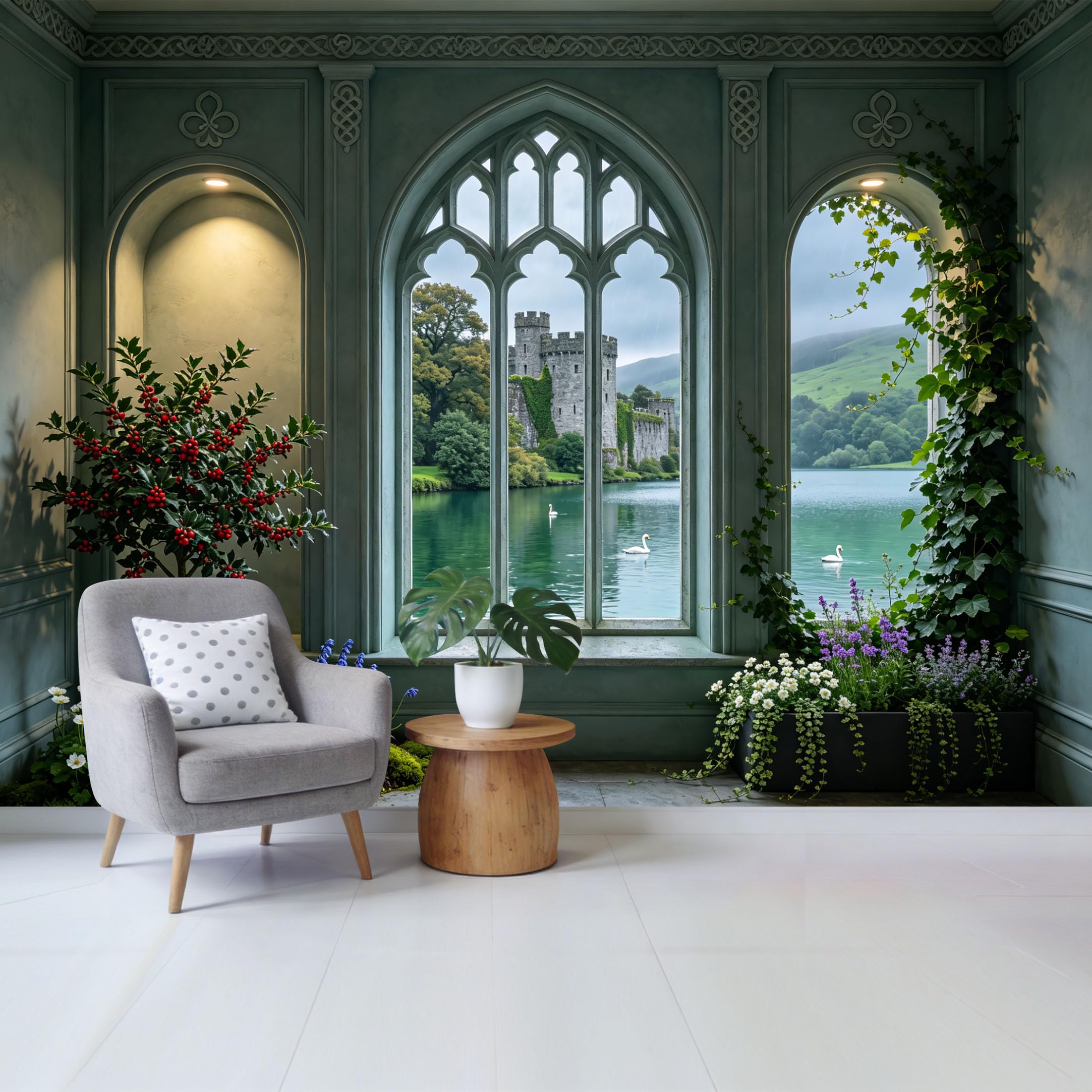 Custom Size Wall Mural Medieval Castle Lake View Gothic Window Botanical Landscape Removable Self Adhesive Fabric Home Wall Decor for Living Room Bedroom Bathroom