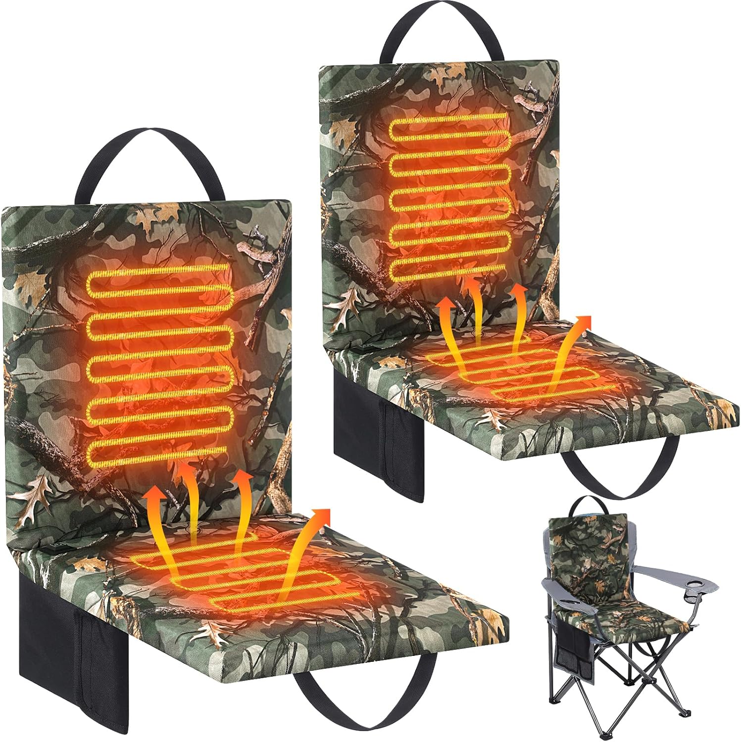 2 Pcs Heated Hunting Seat Cushion, 3 Mode Adjustable Hunting Heated Chair Pad, USB Portable Foldable Warm Heating Seat Pads, Indoor, Outdoor, Stadium, No Power Bank 2 Back Support