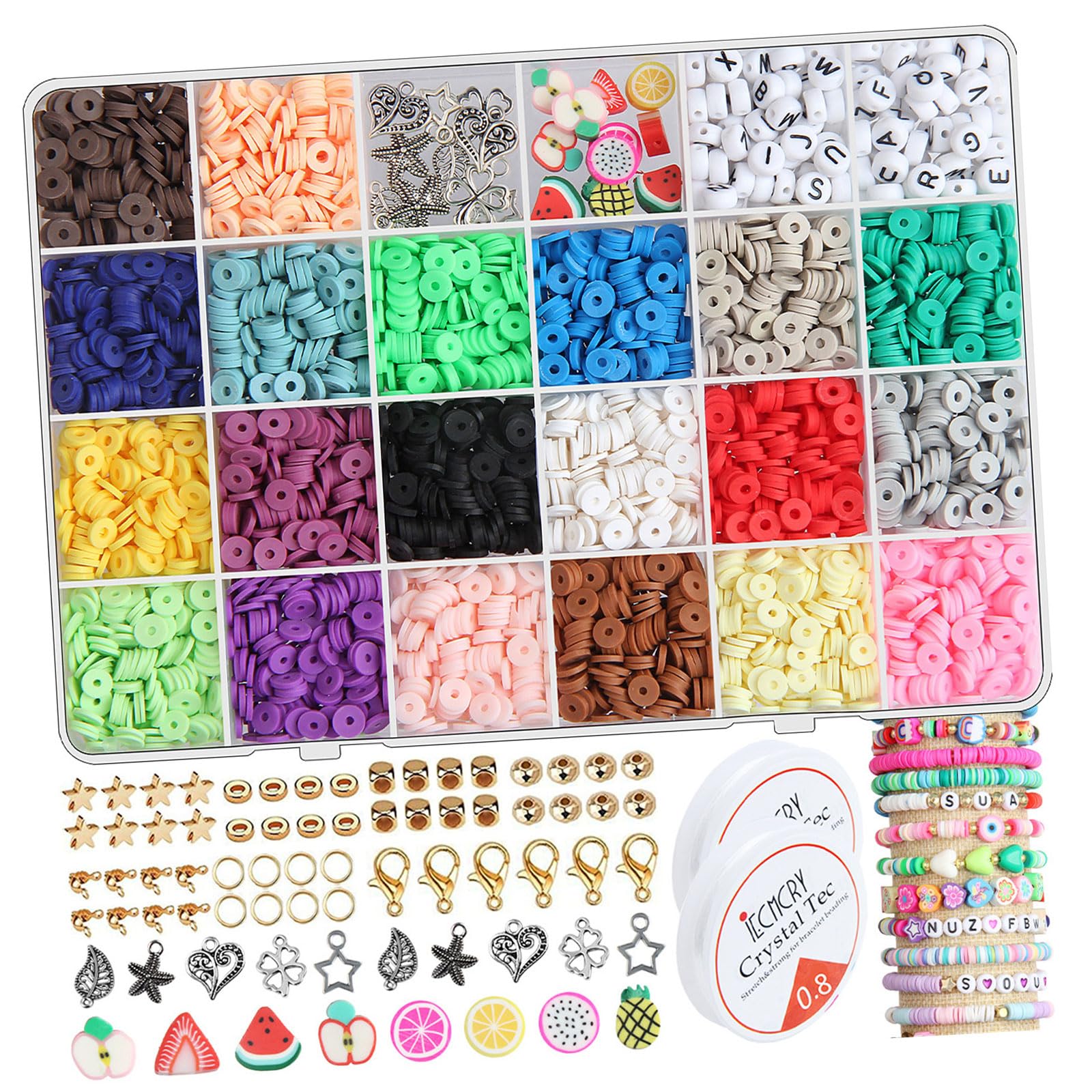 PANGBOER Multicolor Disc Bead Set for Jewelry, Clay Making Supplies with Beads, Charms, Findings and 24-Slot Storage Box Clay Bead Making Set Disc Assortment Charm