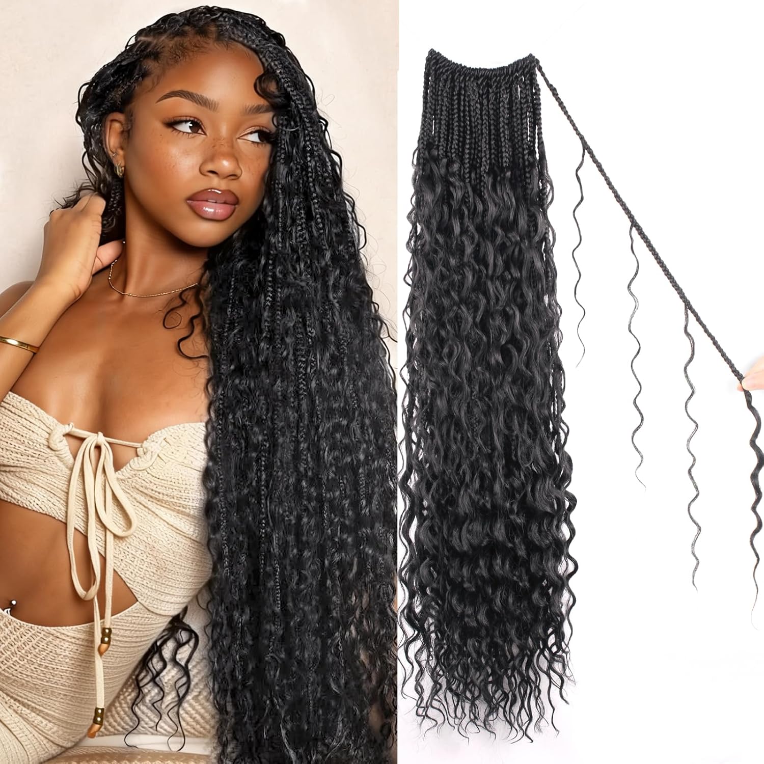 Boho Crochet Braids Pure Protein Fiber Close to Human Hair 30 Inch 3 Curls Bohemian Goddess Box Braids Crochet Hair For Black Women 8 Packs Pre-Looped Natural Look Hair Extensions (30Inch 1B)