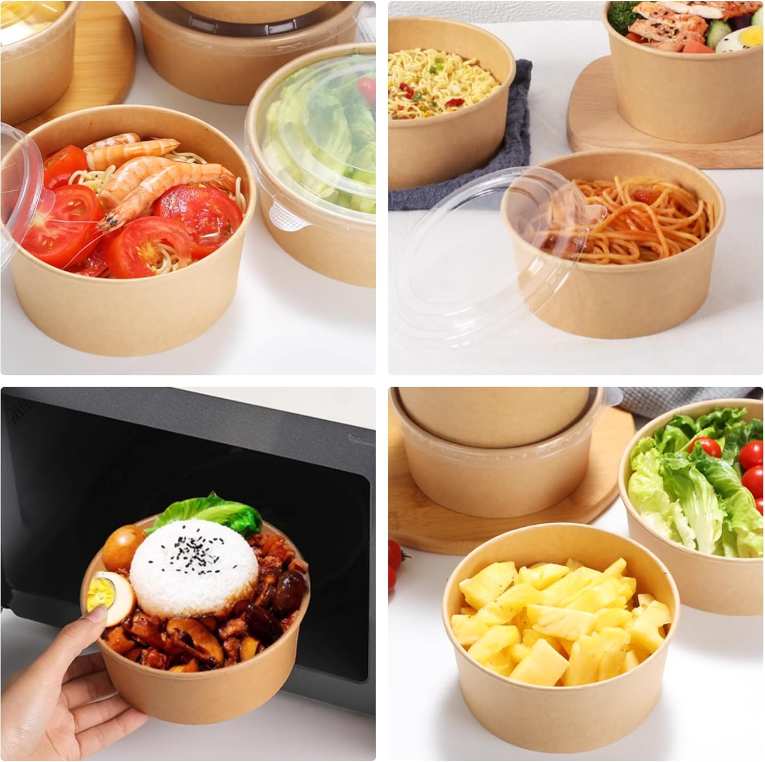 Ginkgo 30 oz Disposable Meal Prep Containers with Lids, Large Paper Bowls Bulk for Hot Soup, Food, Salad, Ice Cream, Dessert, Cereals, 60 Count