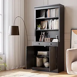 GarveeHome 5-Tier Bookshelf, 70 Inch Tall Bookcase with 2 Doors and 1 Drawer, Modern Pantry Sideboard with Adjustable Shelf, Wooden Storage Cabinet for Living Room, Study, Home Office, Black