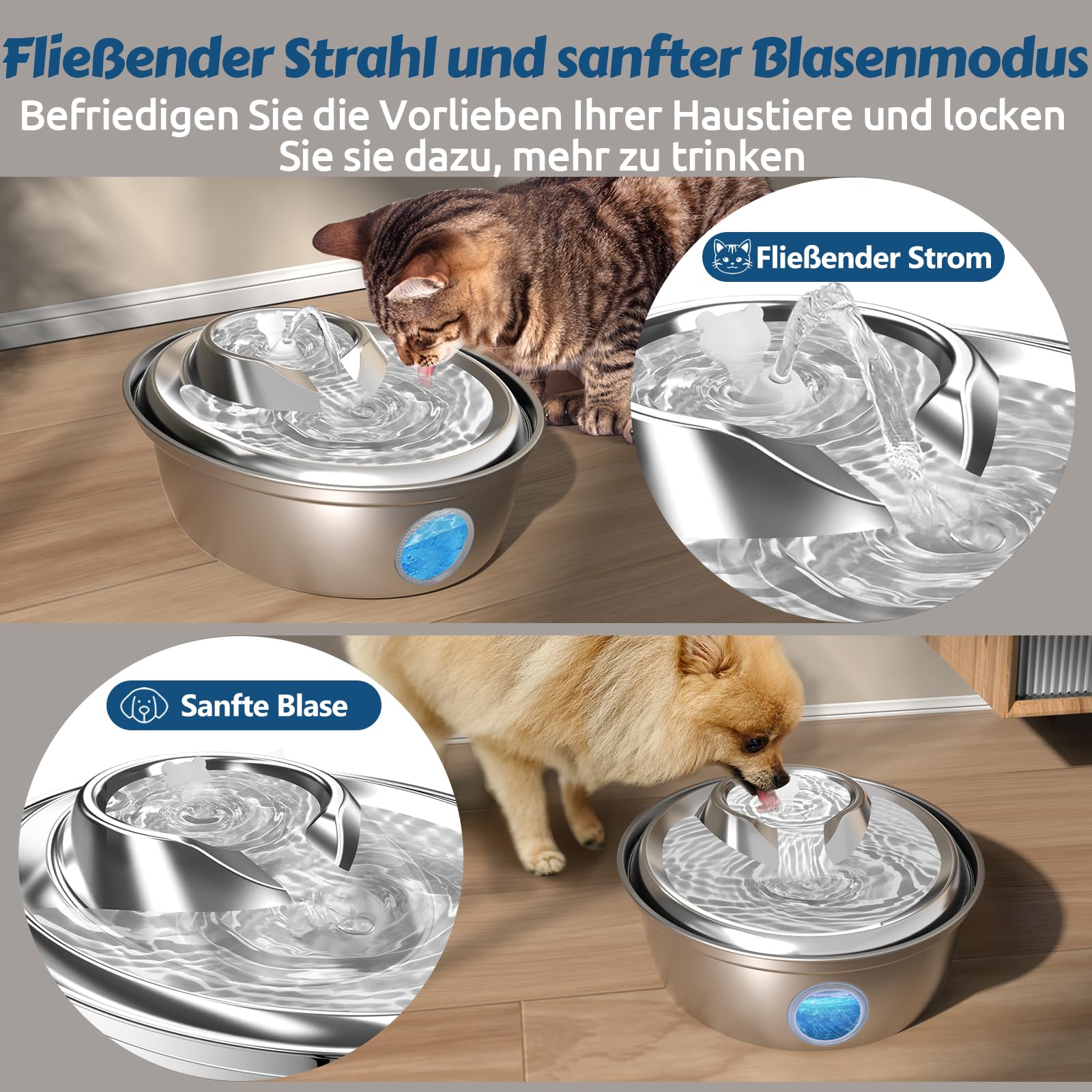 GoldenSun Fuente de agua automática para gatos, acero inoxidable, fuente de agua para gatos, 2 l, 12 filtros de carbón activo, apta para todos los tamaños de raza (D36)