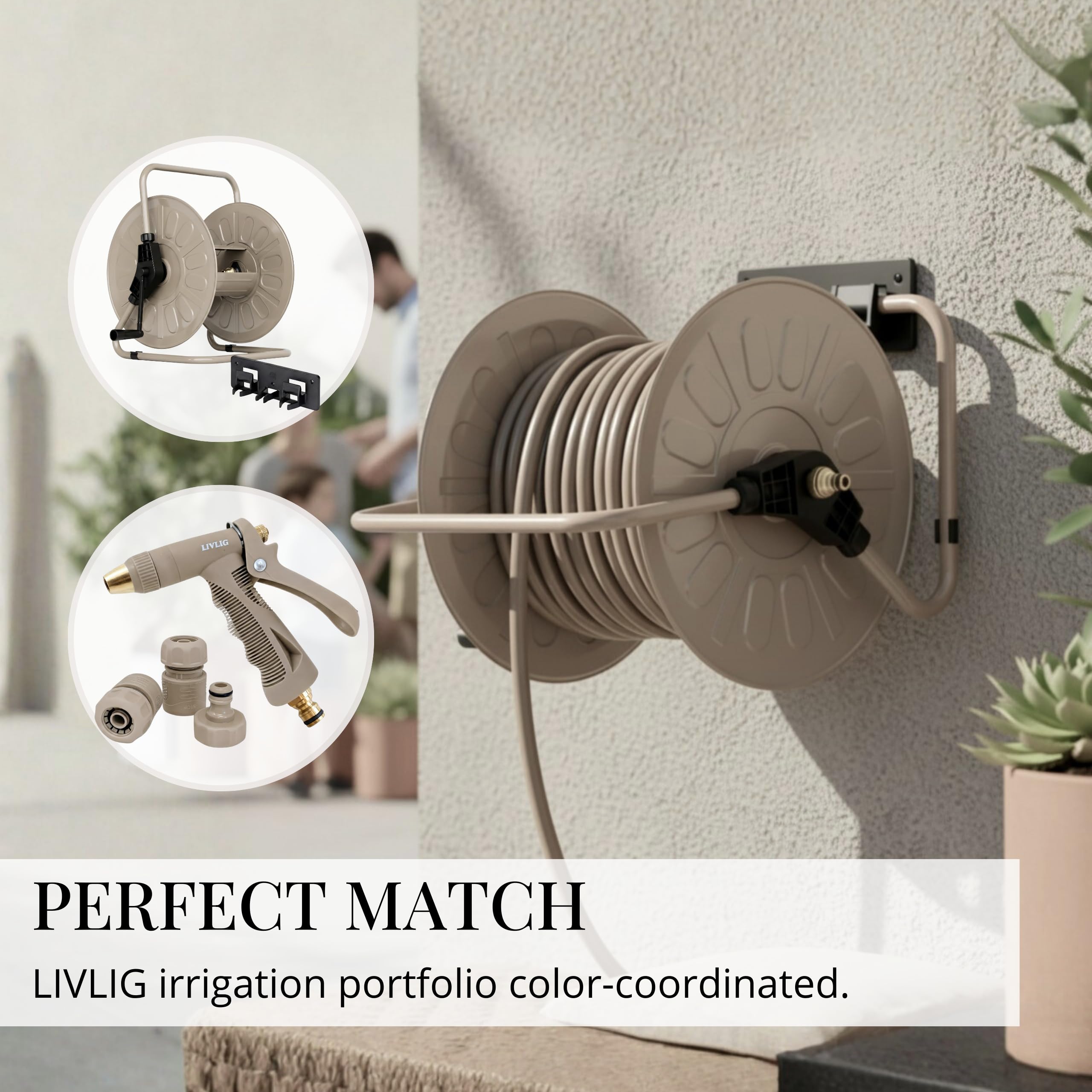 LIVLIG Manguera Jardin 30m – Manguera de Riego Flexible, 60% Reciclado, Resistente UV, Antitorcion, 1/2 Pulgada, Beige