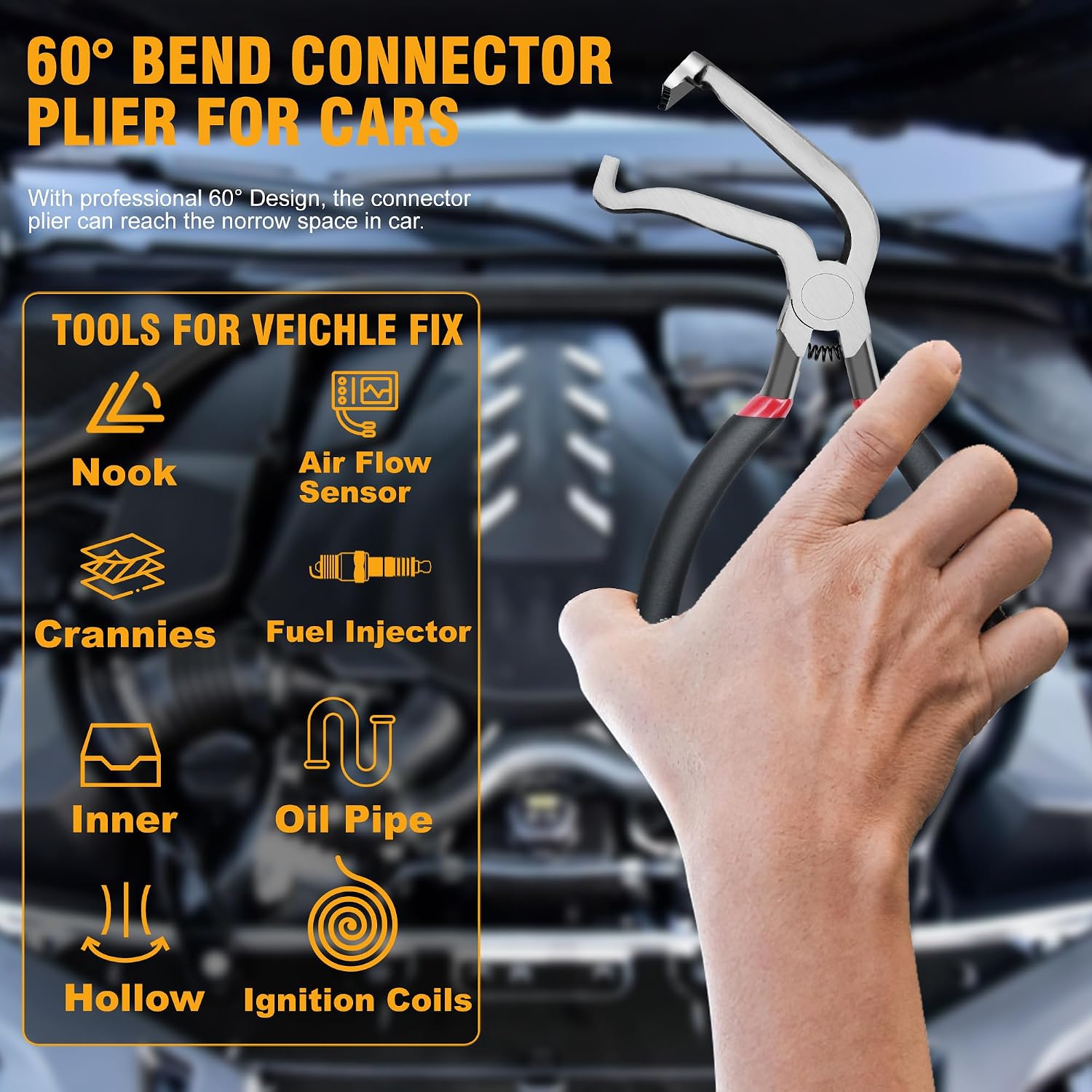3Pcs Electrical Disconnect Pliers 37960/37980, Electrical Connector Pliers Sets(Straight & 60°Bend & 2 Head Separator), Push Tab Style Plugs for Connector Removal，Fuel Line Air Flow Sensor
