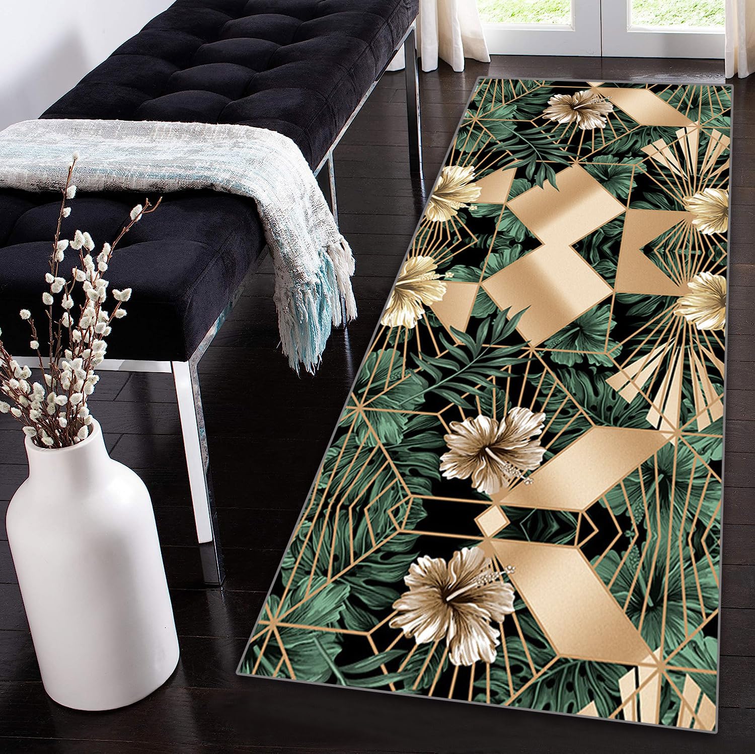Tapis de couloir cuisine et entrée lavable 80x140 cm motif floral 3D