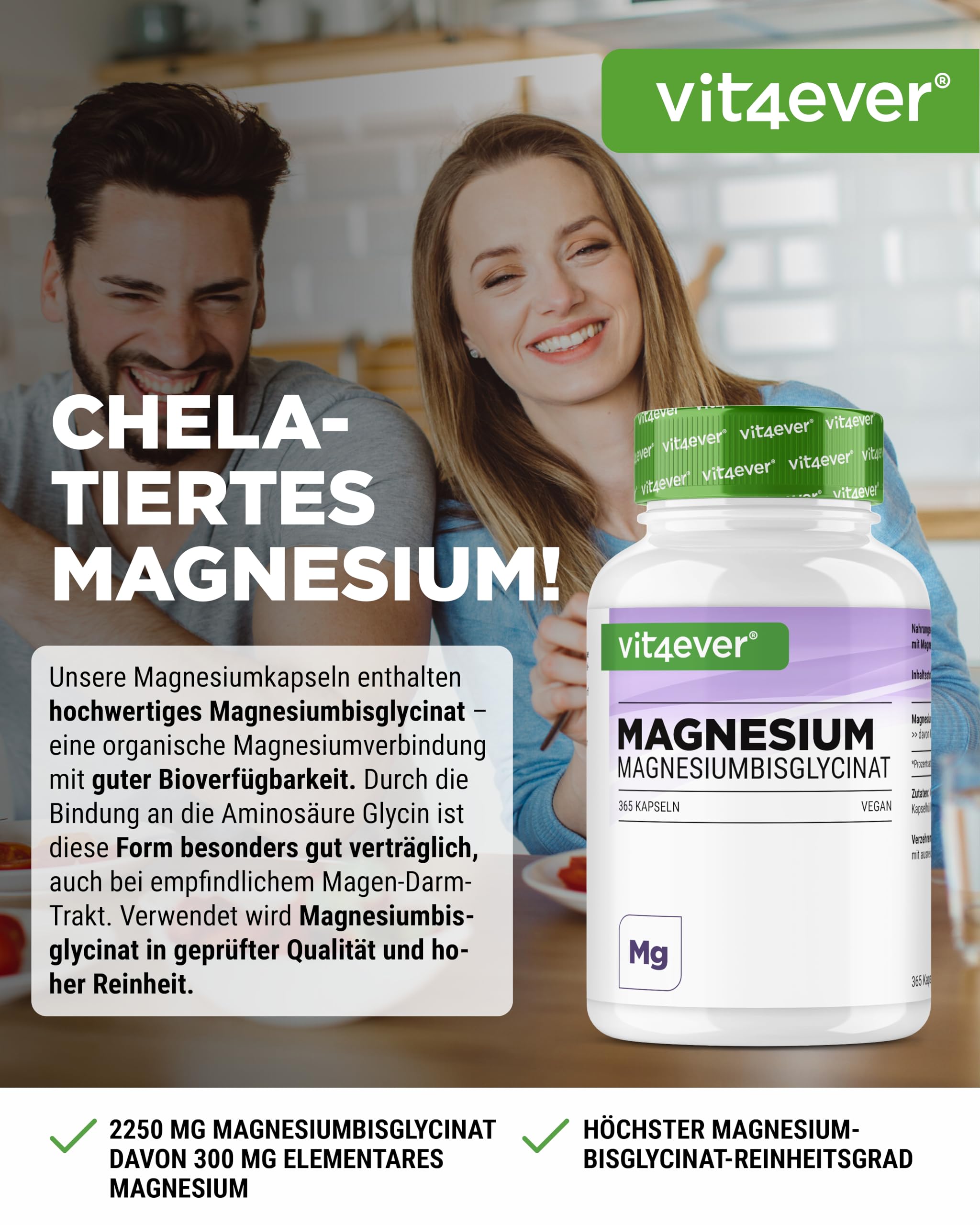 vit4ever Magnesiumbisglycinat - 365 Kapseln - 300 mg elementares Magnesium pro Tagesdosis - Premium: Chelatiertes Magnesium - Laborgeprüft, vegan, hochdosiert | 300 mg elementares Magnesium pro Tagesdosis, Premium chelatiertes Magnesium, vegan