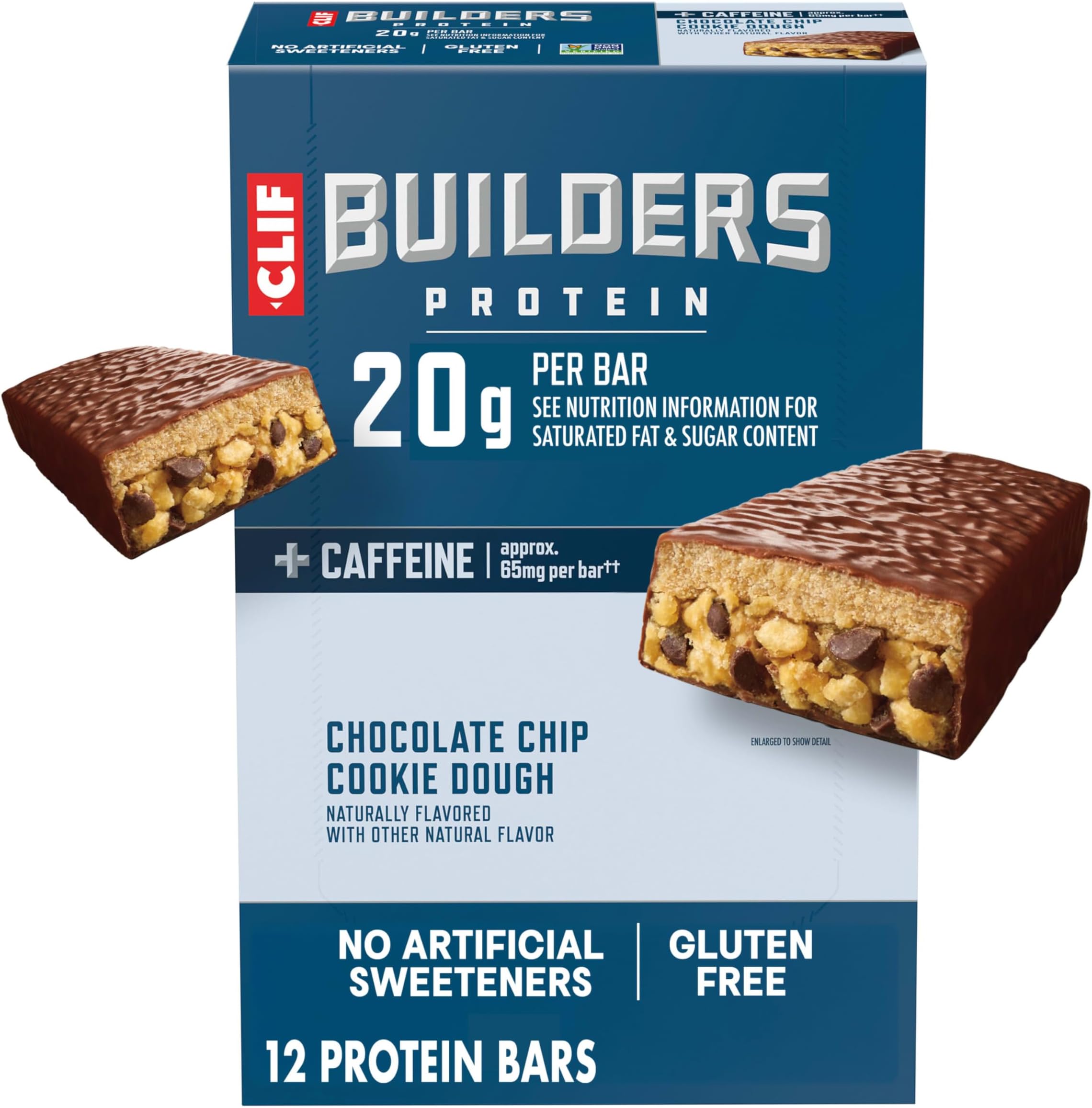 CLIF Builders + Caffeine - Chocolate Chip Cookie Dough Flavor - Plant Based Protein Bars - Gluten Free - Non-GMO - Low Glycemic - 20g Protein - 2.4 oz. (12 Count)