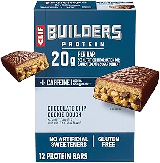 CLIF BUILDERS + Caffeine Protein Bars - Chocolate Chip Cookie Dough Flavor - 20g Plant Based Protein - Gluten Free - Non-GMO - Low Glycemic - No Artificial Sweeteners - 2.4 oz. (12 Pack)