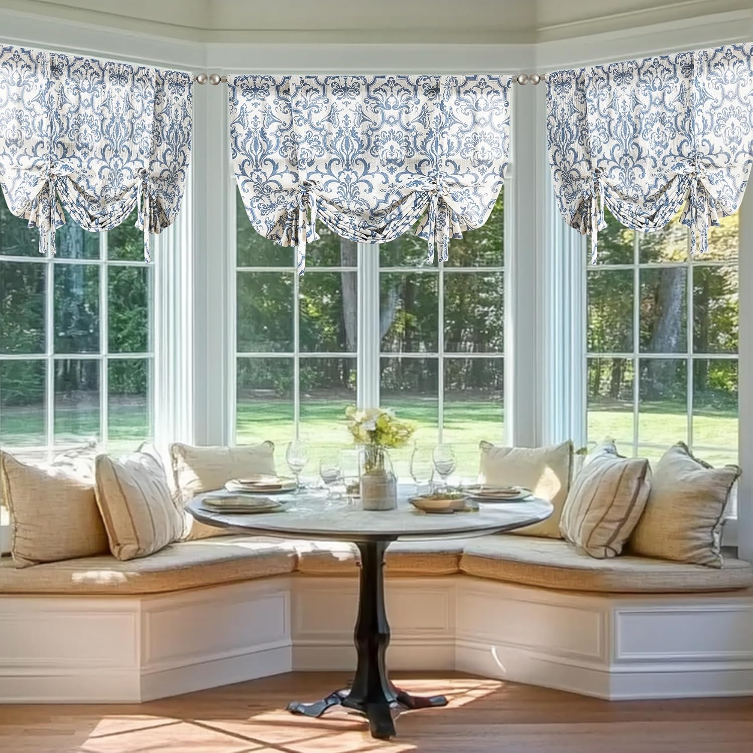 jinchan Linen Tie Up Valance for Flax Floral Drapes Vintage Farmhouse Medallion Window Treatments Light Filtering Curtain for Living Room Laundry Cafe Rod Pocket 1 Panel 54 Inch Slate Blue