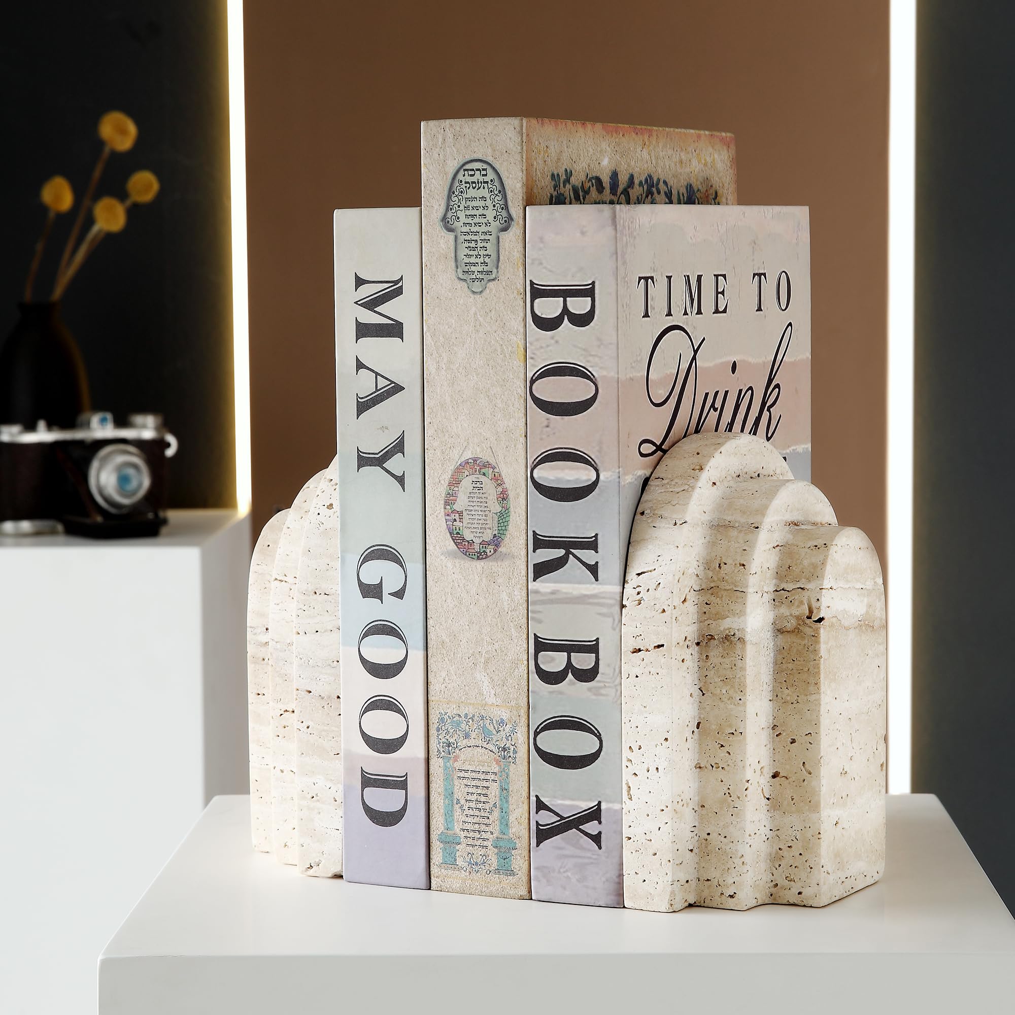 Heavy Duty Marble Bookends Set Of 2 - Natural Travertine Stone, Modern Minimalist Design, Non-Slip Pads For Shelves