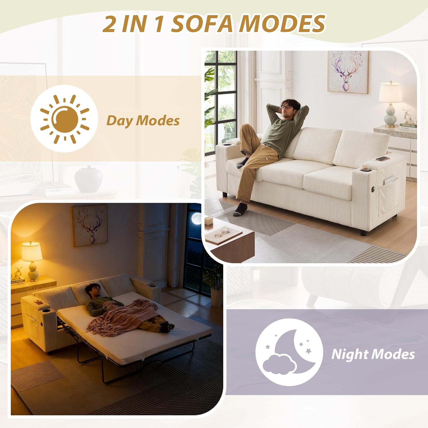 Pull Out Sofa Bed Queen Size, Sleeper Sofa with Memory Foam Mattress, 3 in 1 Convertible Pullout Couch Bed, 3-Seater Comfy Upholstered Loveseat for Living Room, Guest Room, RV (Beige, Corduroy)