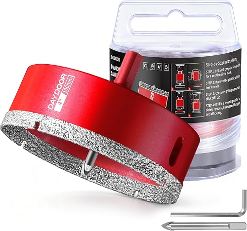 DAYDOOR 4" Diamond Hole Saw Bit with Pilot Drill Bit(3/8" Triangle Shank) | 1pc 100mm Diamond Tile Hole Saw with Guiding Bit for Porcelain Tile Ceramic Pottery Granite Stone Glass Bottles