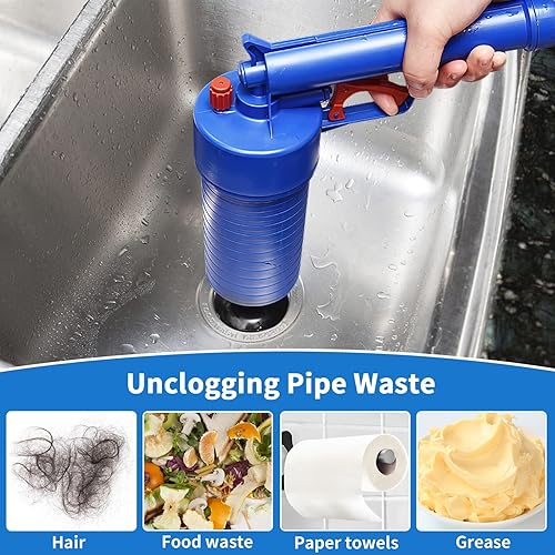 Miniatura 6 de Juego de émbolo de inodoro, removedor de obstrucciones de drenaje con ventosas de 4 tamaños, pistola de drenaje de aire de alta presión, abridor de