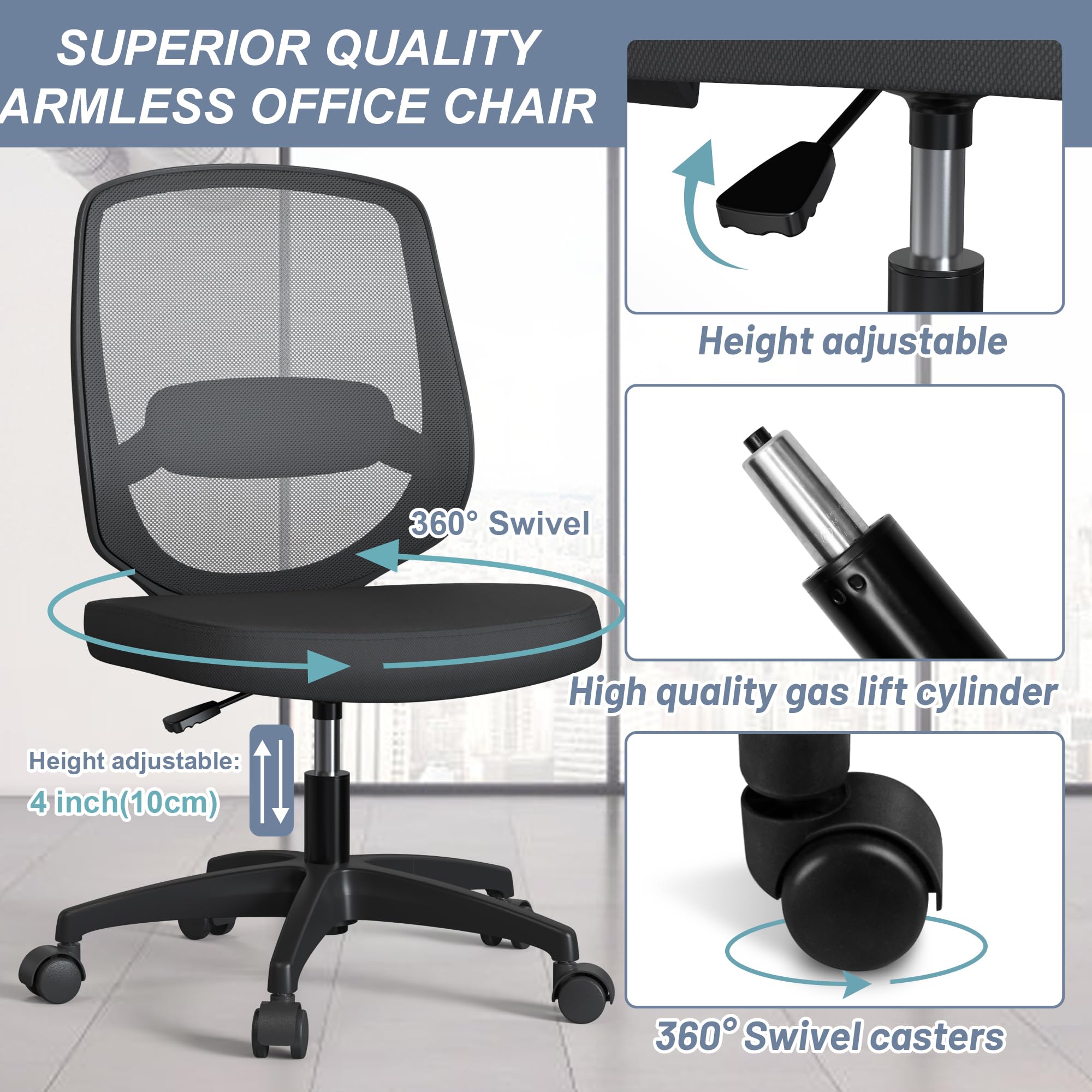 Silla de oficina ergonómica de malla sin brazos para computadora, hogar, altura ajustable, soporte lumbar para espacios pequeños 5