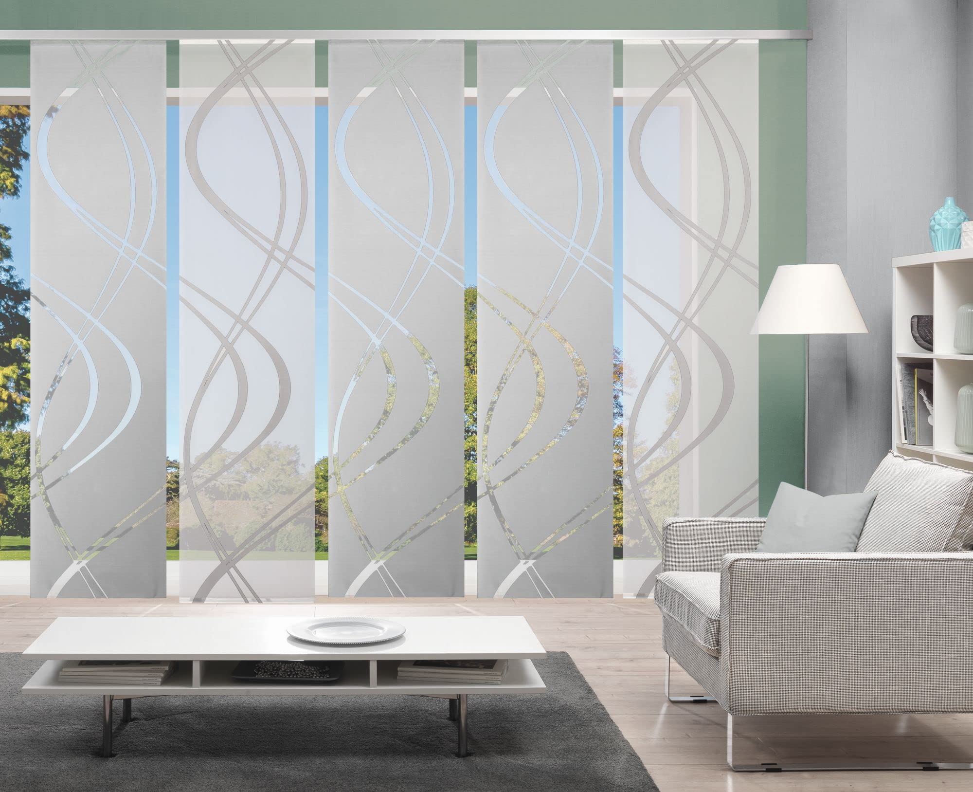 5er-Set Flächenvorhang, Blickdicht/transparent, Joanna, grau, Höhe 245 cm, 5X Dessin, 245 x 60 cm