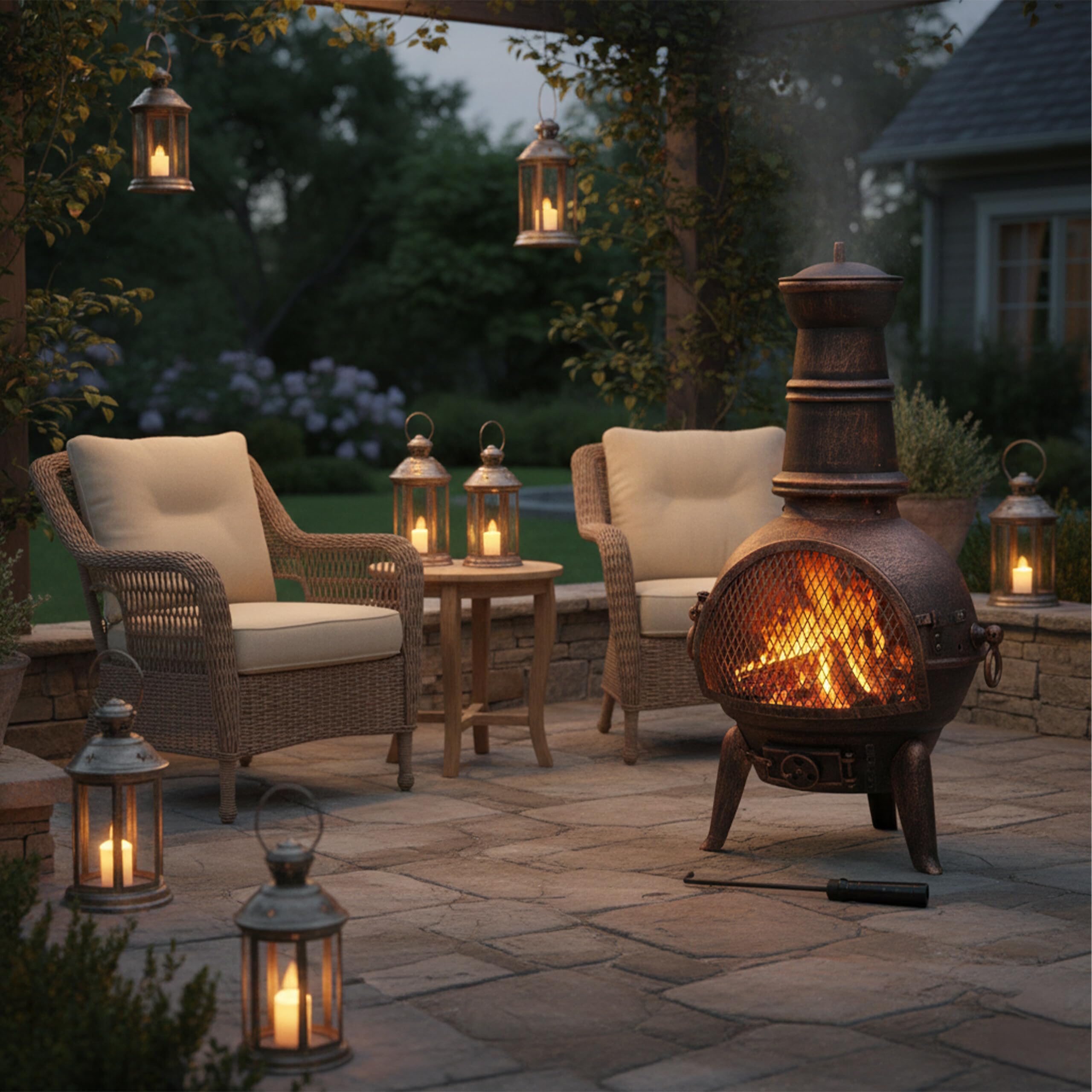 Relaxdays Chimenea Exterior, Estufa Terraza, con Atizador, Hierro Fundido, Protección Antichispas, 86x46x38 cm, Bronce