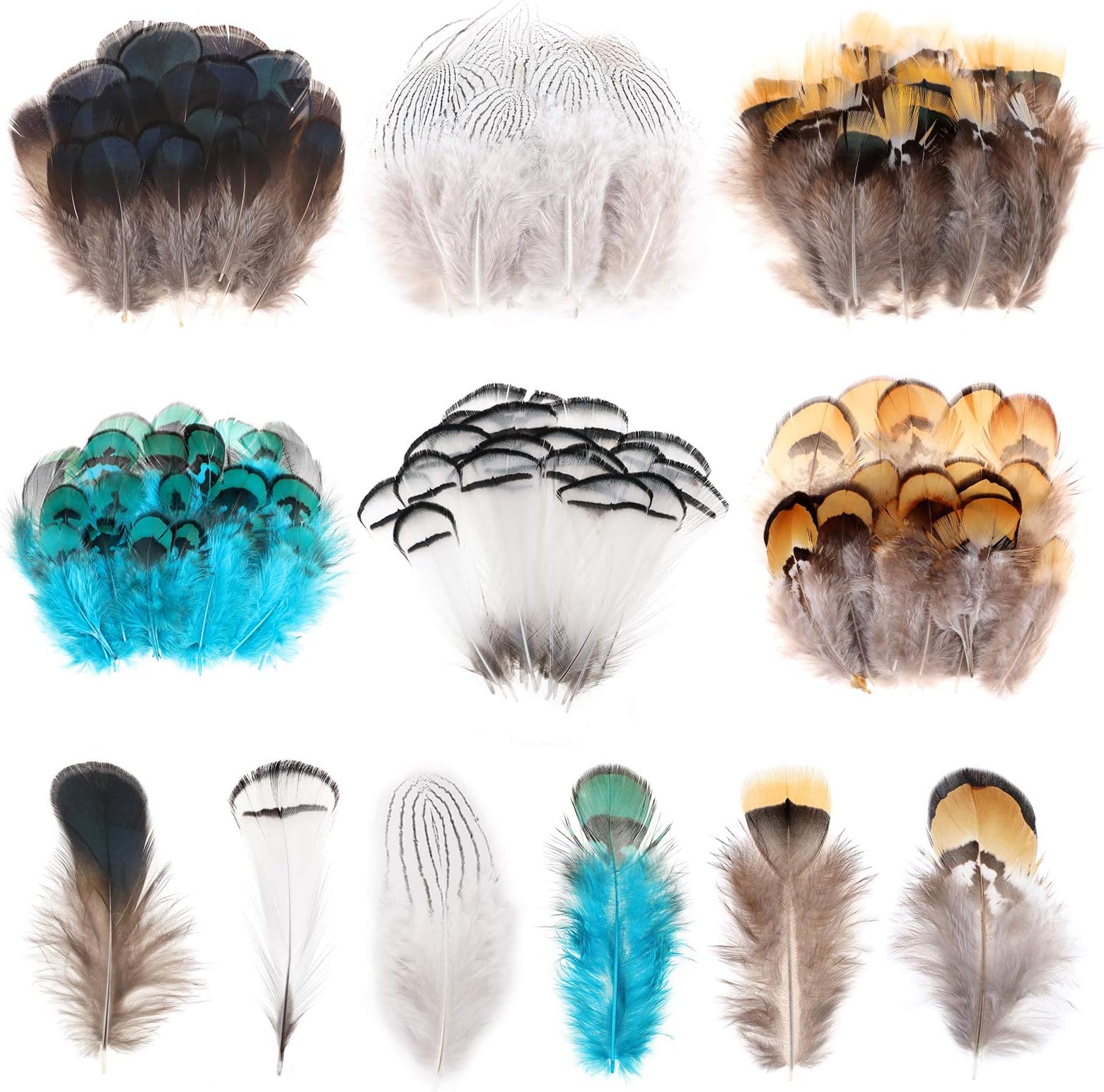 6 Styles Assorted Crafts Feathers, 120Pcs DIY Dreamcatcher Crafts Art Decor Feathers, DIY Earring Wings Carnival Party Mask Activities Project Accessories Small Feather - Mixed Green White Brown