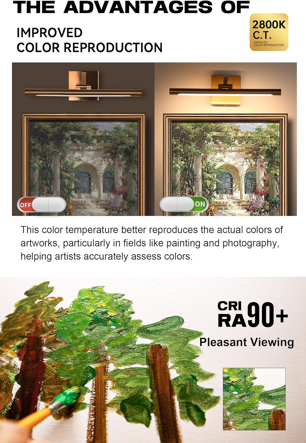 Picture Light for Wall 15.7 inch Hardwired Art Lighting for Paintings Gold Brass 2800K Dimmable Gallery Light with Rotatable Light Tube