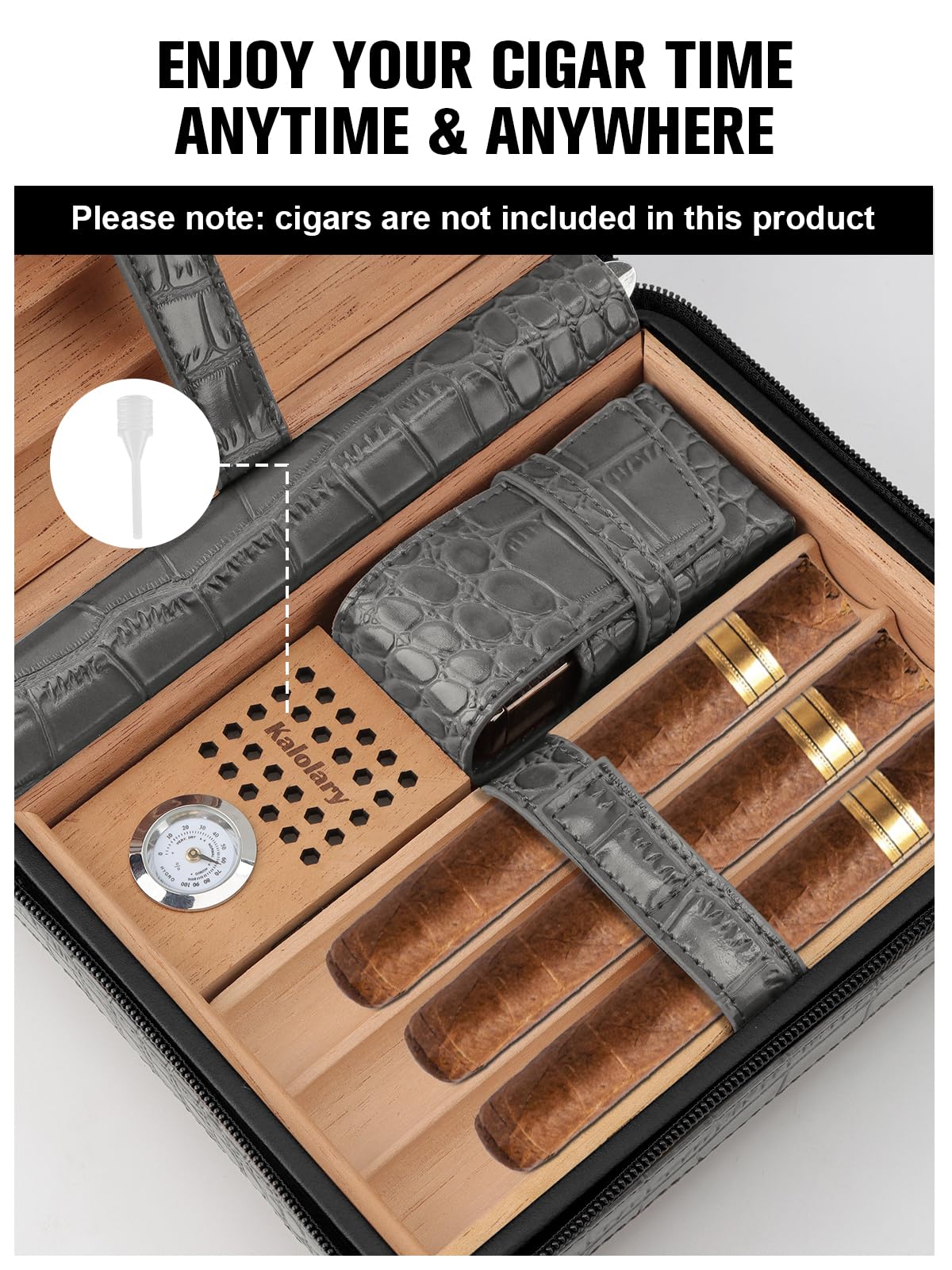 Kalolary Zigarren Humidor Leder mit Zigarrenschneider, Tragbarer Reise Humidor Zigarren mit Zedernholz Auskleidung für Hält bis zu 8 Zigarren, Tolle Geschenke für Männer (Grau-Schwarz)